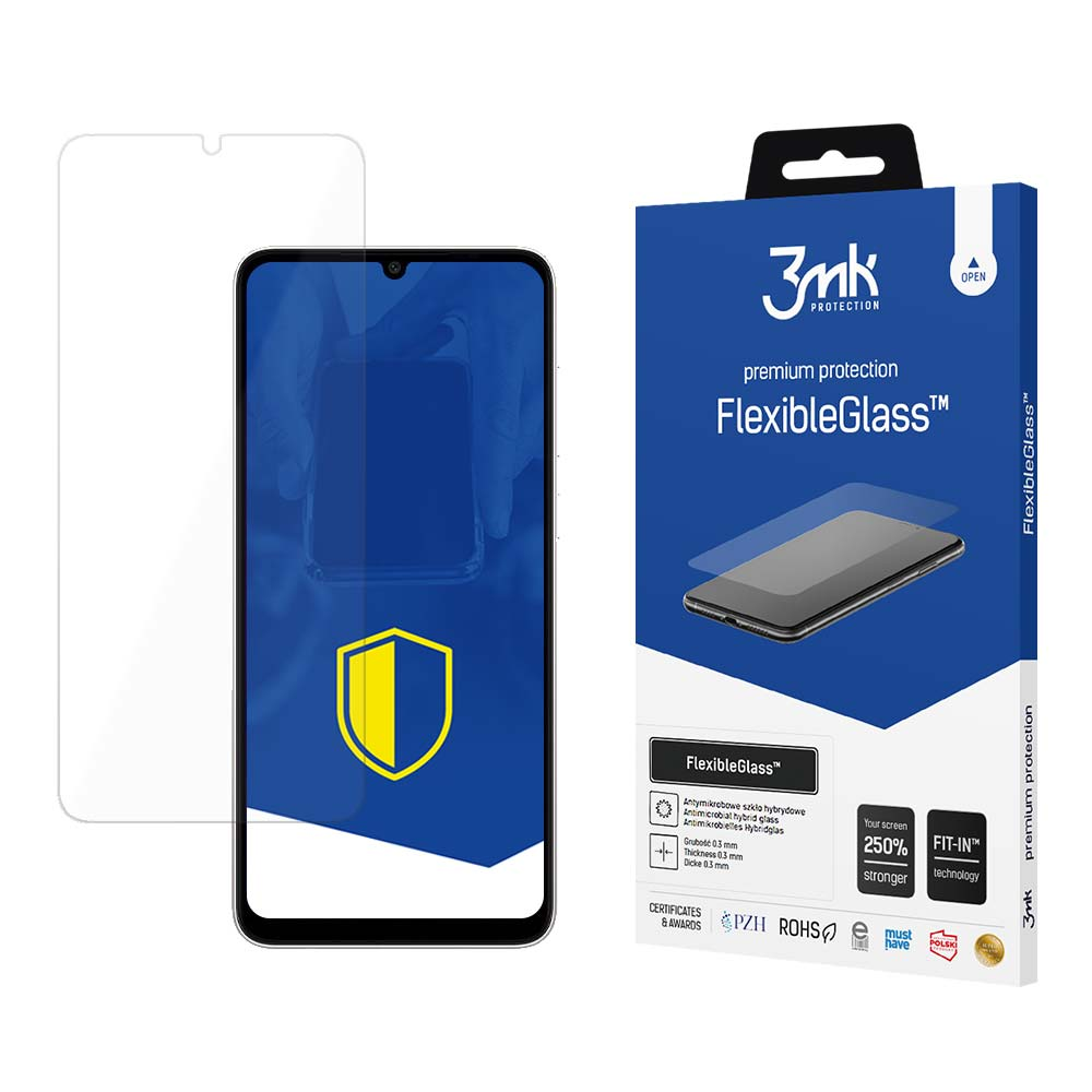 Una scatola di protezione per lo schermo del telefono e un telefono. Sulla scatola c'è scritto 'FlexibleGlass'. Lo schermo del telefono mostra un logo giallo e blu.