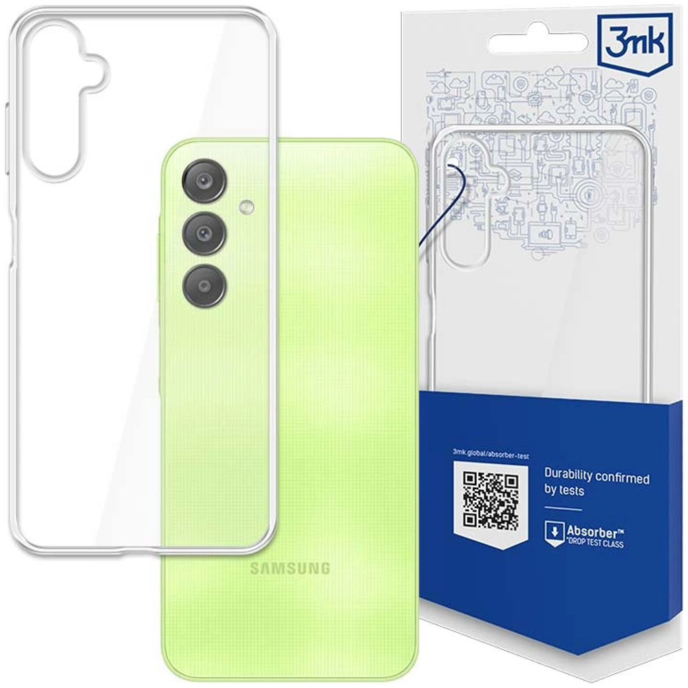 Etui na telefon i telefon w kolorze jasnozielonym. Opakowanie z etui pokazuje logo 3mk i kod QR.