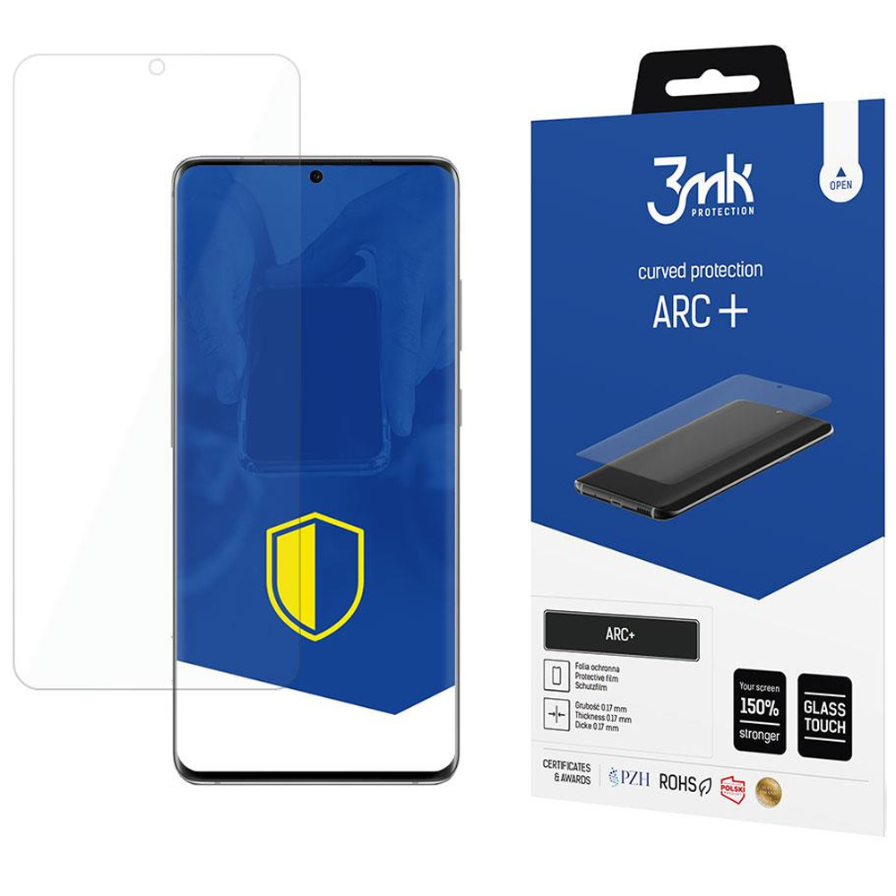 Un proteggi schermo per telefono e una scatola. La scatola dice 'ARC+'. Il telefono su sfondo blu. Protezione a sinistra.