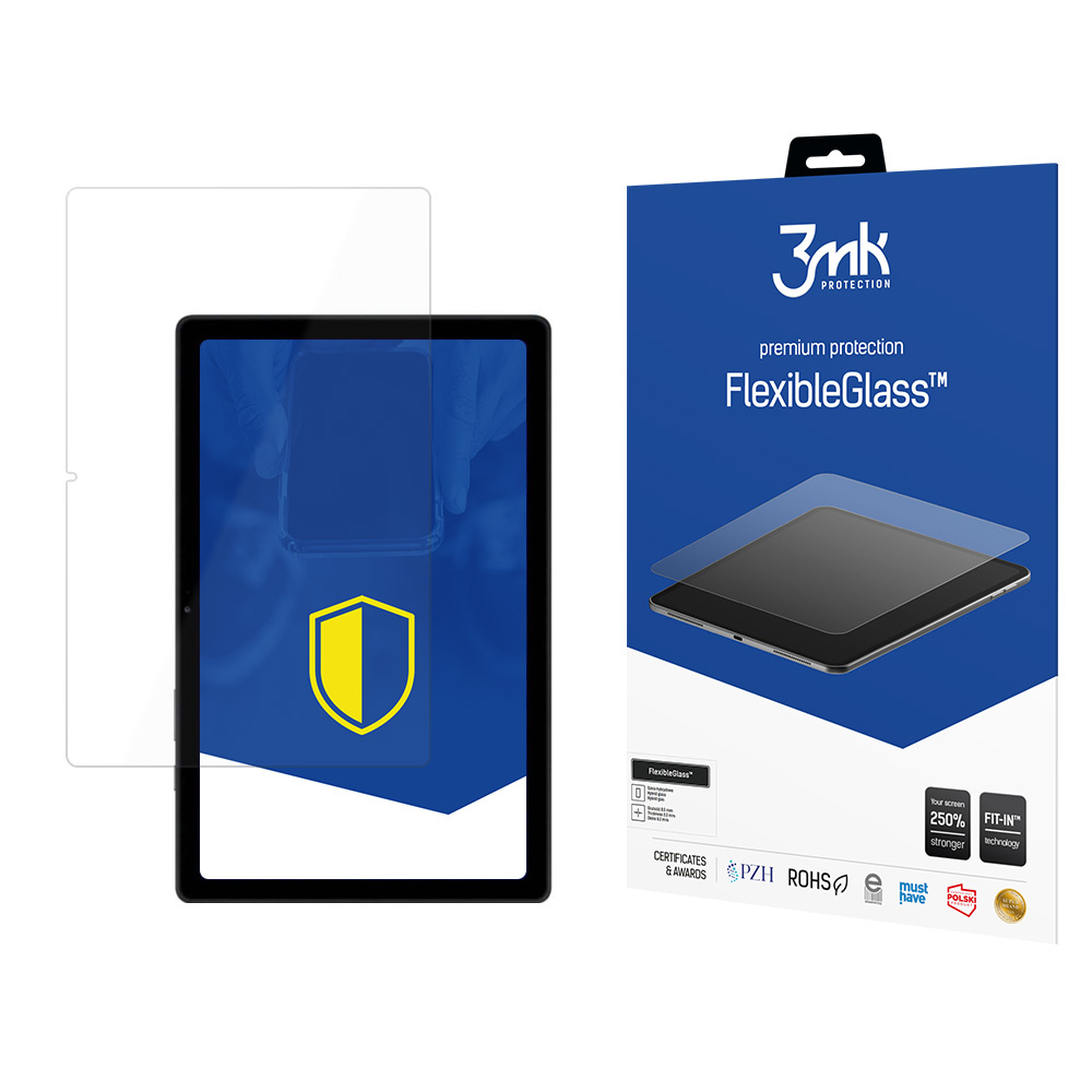 Tablet z ochraniaczem ekranu, pudełko FlexibleGlass i przezroczysty ochraniacz ekranu na białym tle.