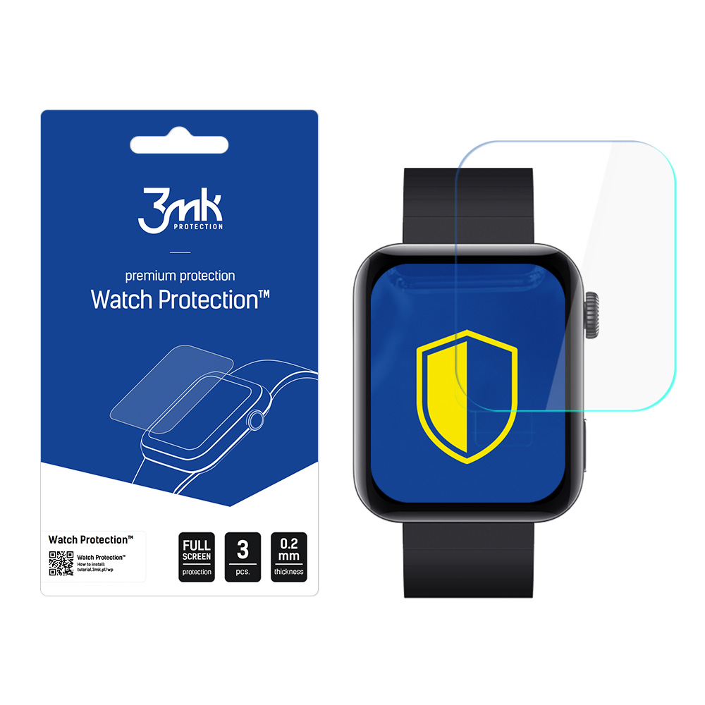 Uno smartwatch con protezione schermo e confezione. Lo schermo mostra uno scudo giallo. Sulla confezione c'è scritto Watch Protection.