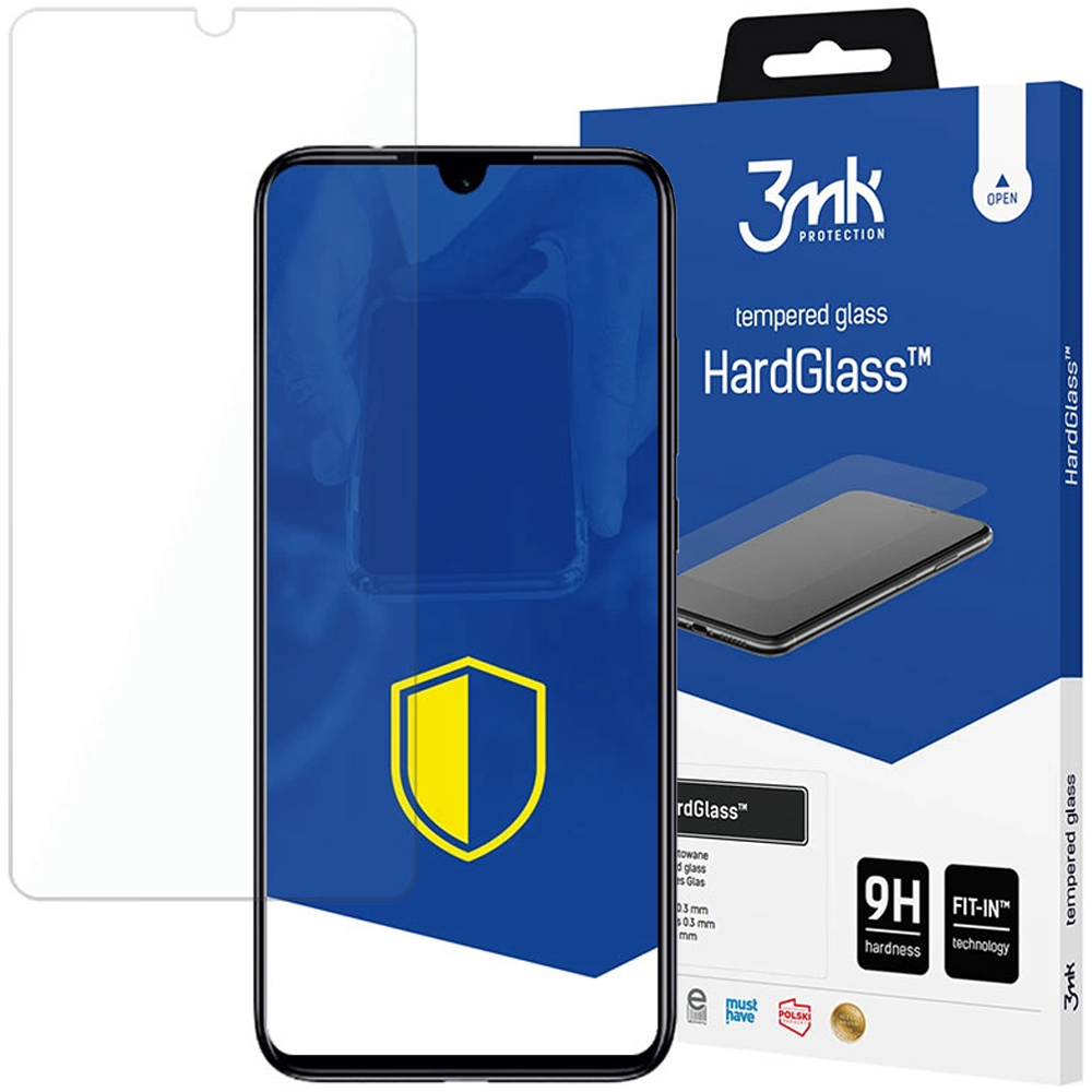 Vengono mostrati un proteggi schermo e un telefono. Il proteggi schermo è trasparente. La confezione è blu con testo bianco.