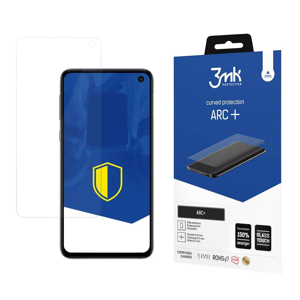 Una protezione per schermo del telefono e la sua scatola. La scatola è blu con testo bianco e un'immagine del telefono. La protezione è trasparente.