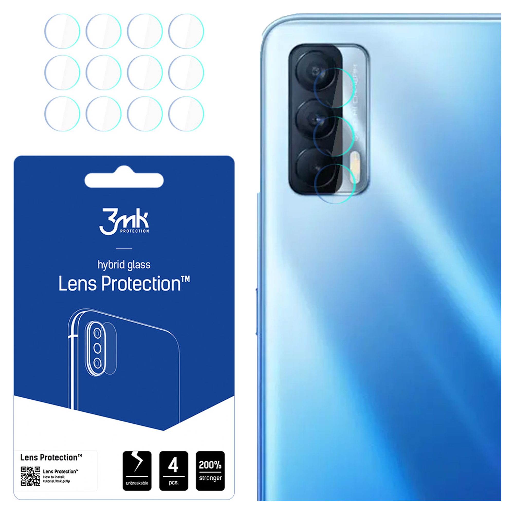 L'immagine mostra protezioni per lenti, un telefono e una confezione del prodotto. La confezione è blu e presenta il logo e il testo del marchio.