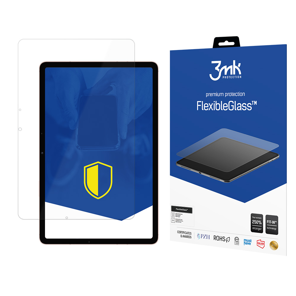 Un iPad con protezione schermo e una scatola del prodotto. La scatola mostra un iPad simile con protezione e testo: FlexibleGlass.