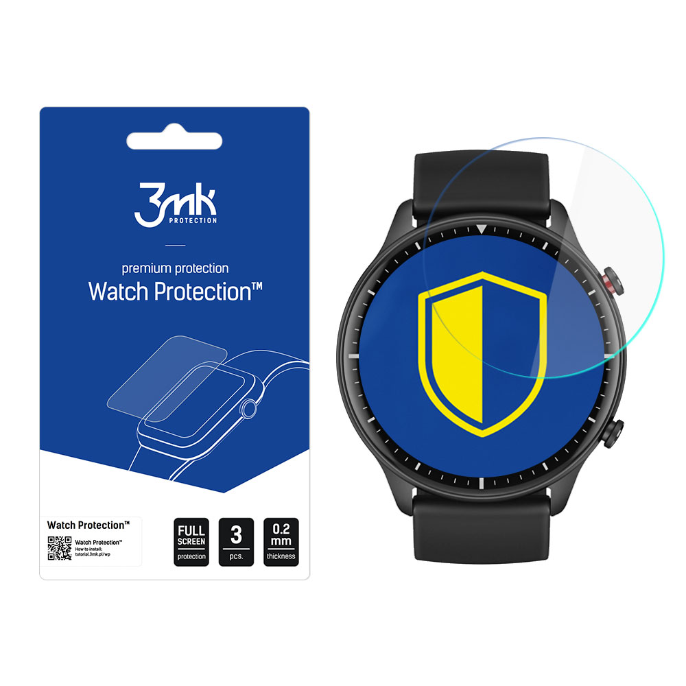 Smartwatch z ochraniaczem ekranu i opakowaniem. Na opakowaniu napis 'Watch Protection' z logo tarczy na ekranie.
