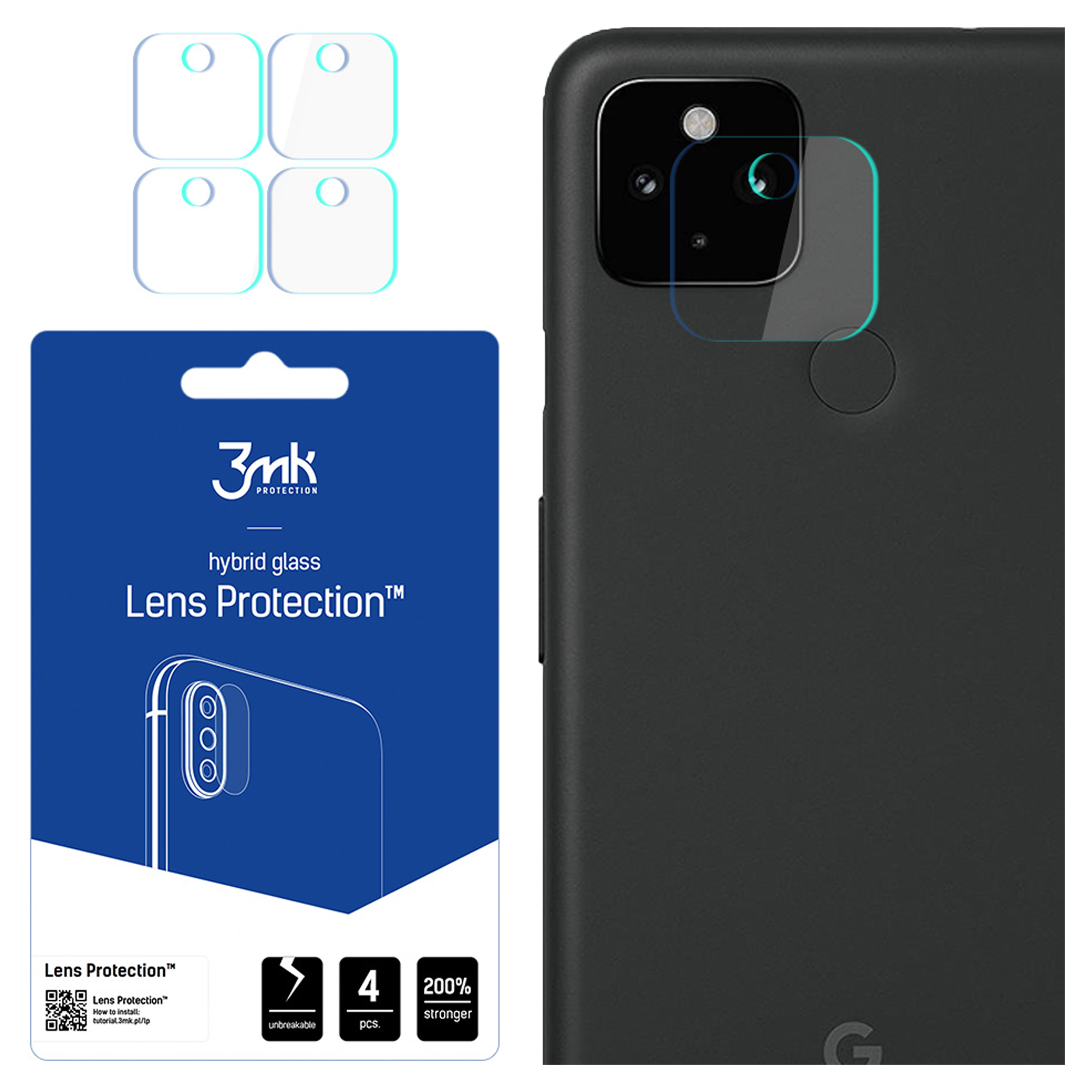 L'immagine mostra un telefono e protezioni per lenti. Il pacchetto ha il testo: Lens Protection, 4 pezzi, infrangibile e più resistente del 200%.