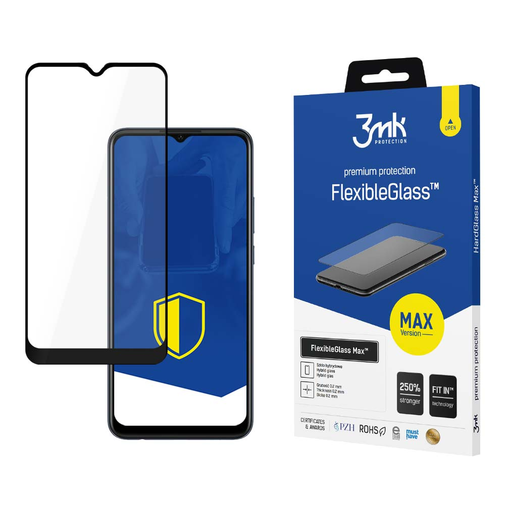 Un proteggi schermo e una scatola. Il proteggi schermo è trasparente, la scatola è blu con testo, incluso 'FlexibleGlass Max'.