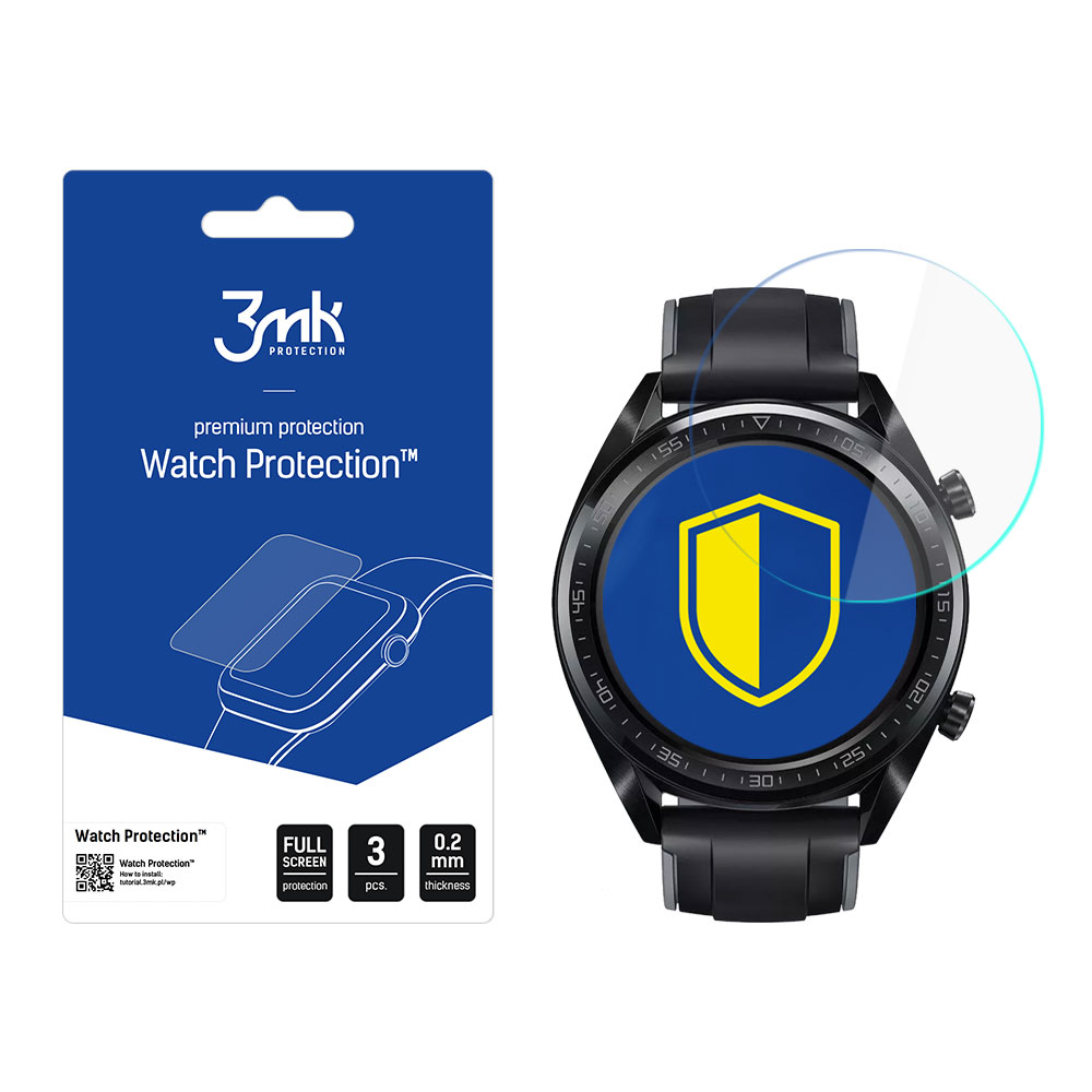 Uno smartwatch con una protezione schermo accanto a una confezione di protezioni. Il quadrante mostra un'icona a scudo.