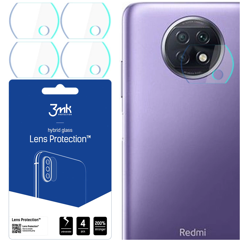 L'immagine mostra protezioni per lenti del telefono, confezione e il retro di un telefono. Le protezioni sono trasparenti. La confezione è blu con testo.