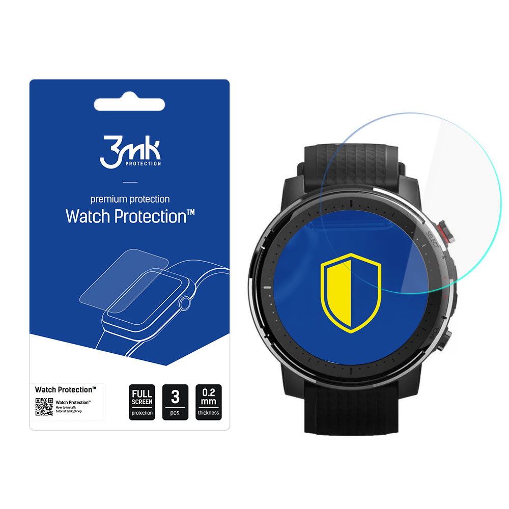 Uno smartwatch con una protezione per lo schermo e una confezione con l'etichetta 'Watch Protection'. L'orologio ha un'icona a scudo giallo.