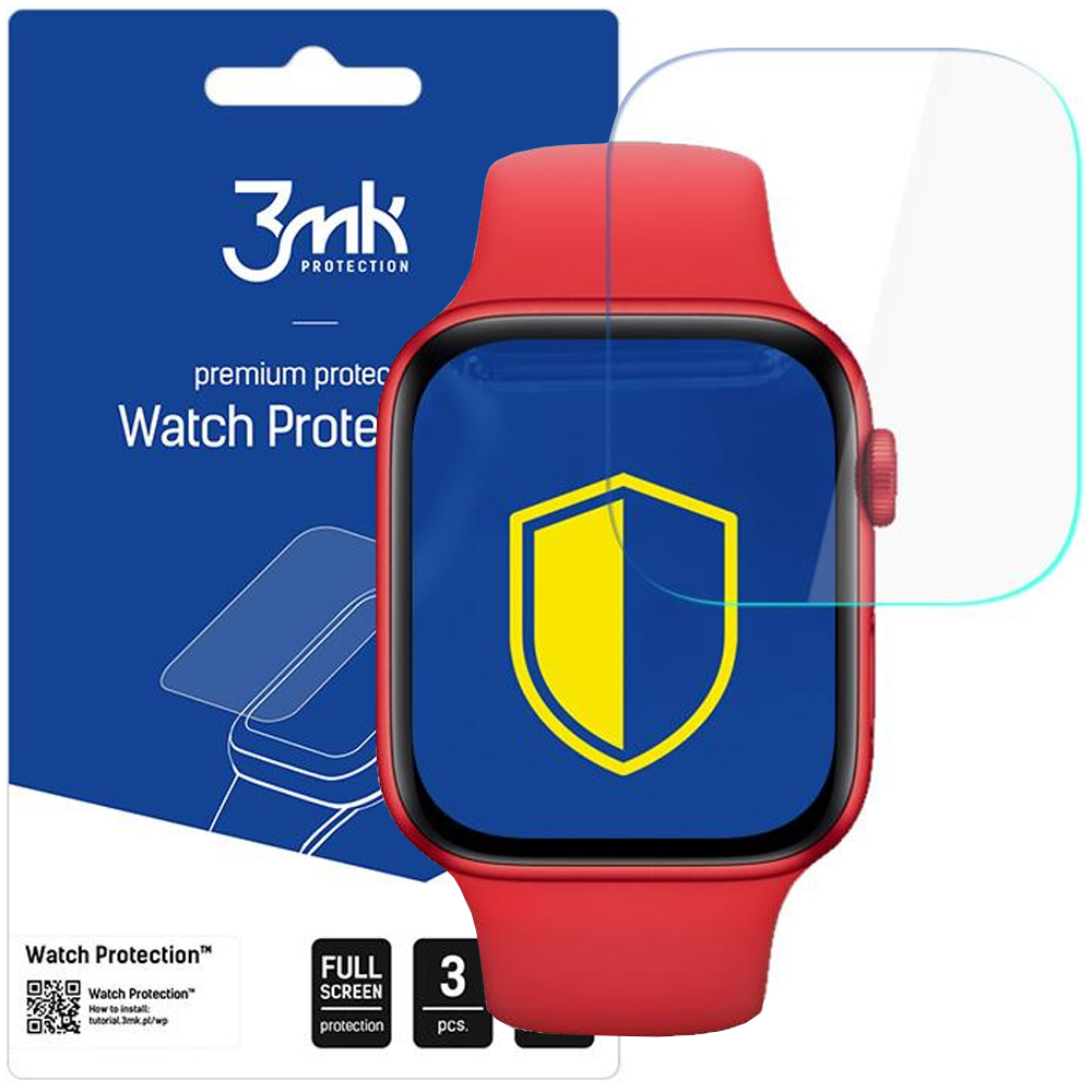 Czerwony smartwatch z ochraniaczem ekranu. Opakowanie pokazuje markę i nazwę produktu. Logo w kształcie tarczy jest na ekranie.