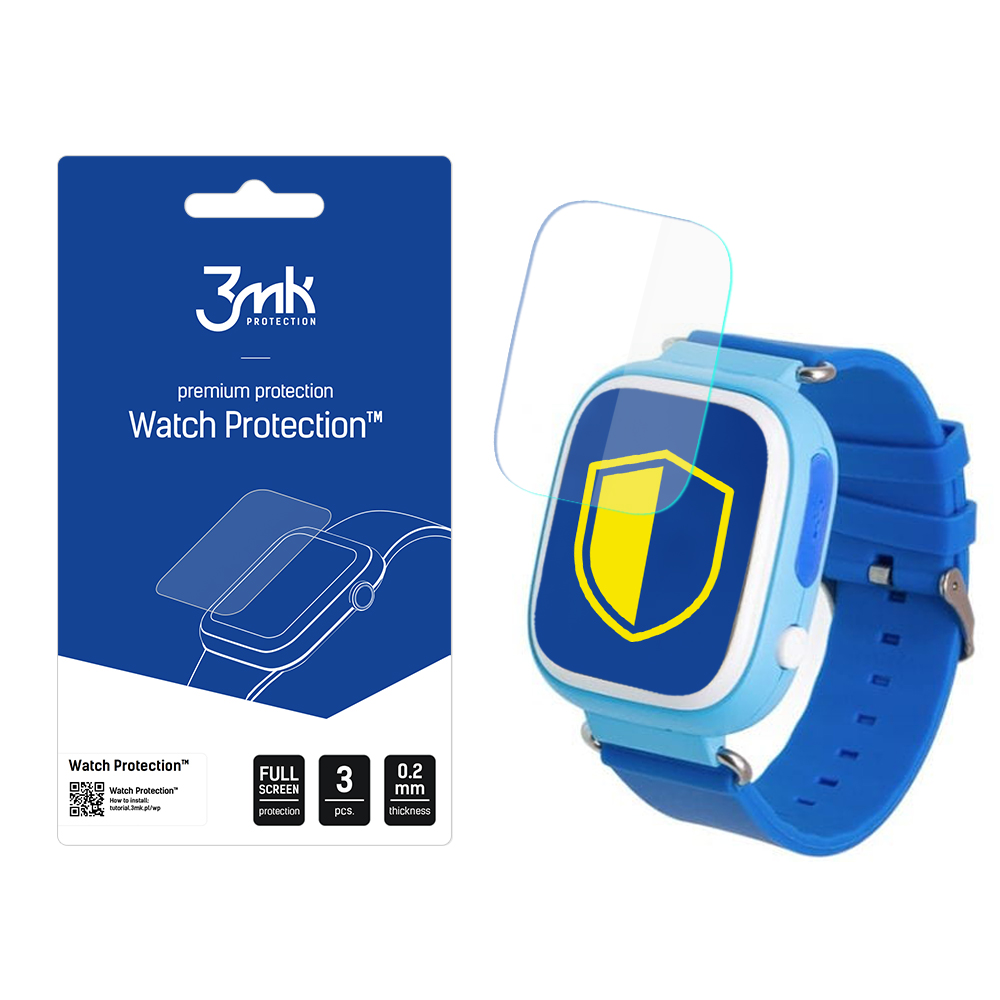 Uno smartwatch blu con protezione schermo e confezione con testo come 'Watch Protection' e un logo.