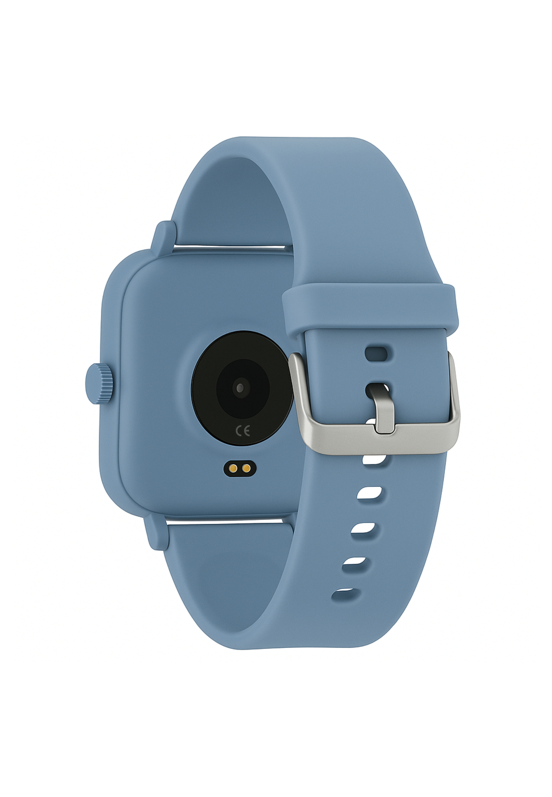 Eine blaue Smartwatch mit passendem Armband vor weißem Hintergrund gezeigt.