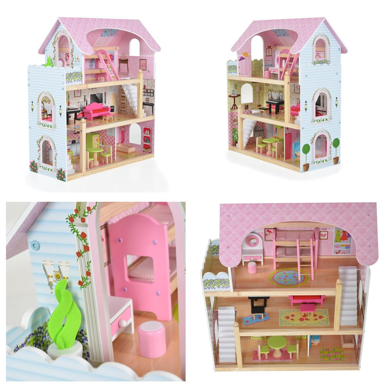 Ein mehrstöckiges Puppenhaus mit rosa Dach und blauen Wänden. Zu den Merkmalen gehören Möbel, Treppen und verschiedene Zimmer wie Schlafzimmer und ein Wohnbereich.
