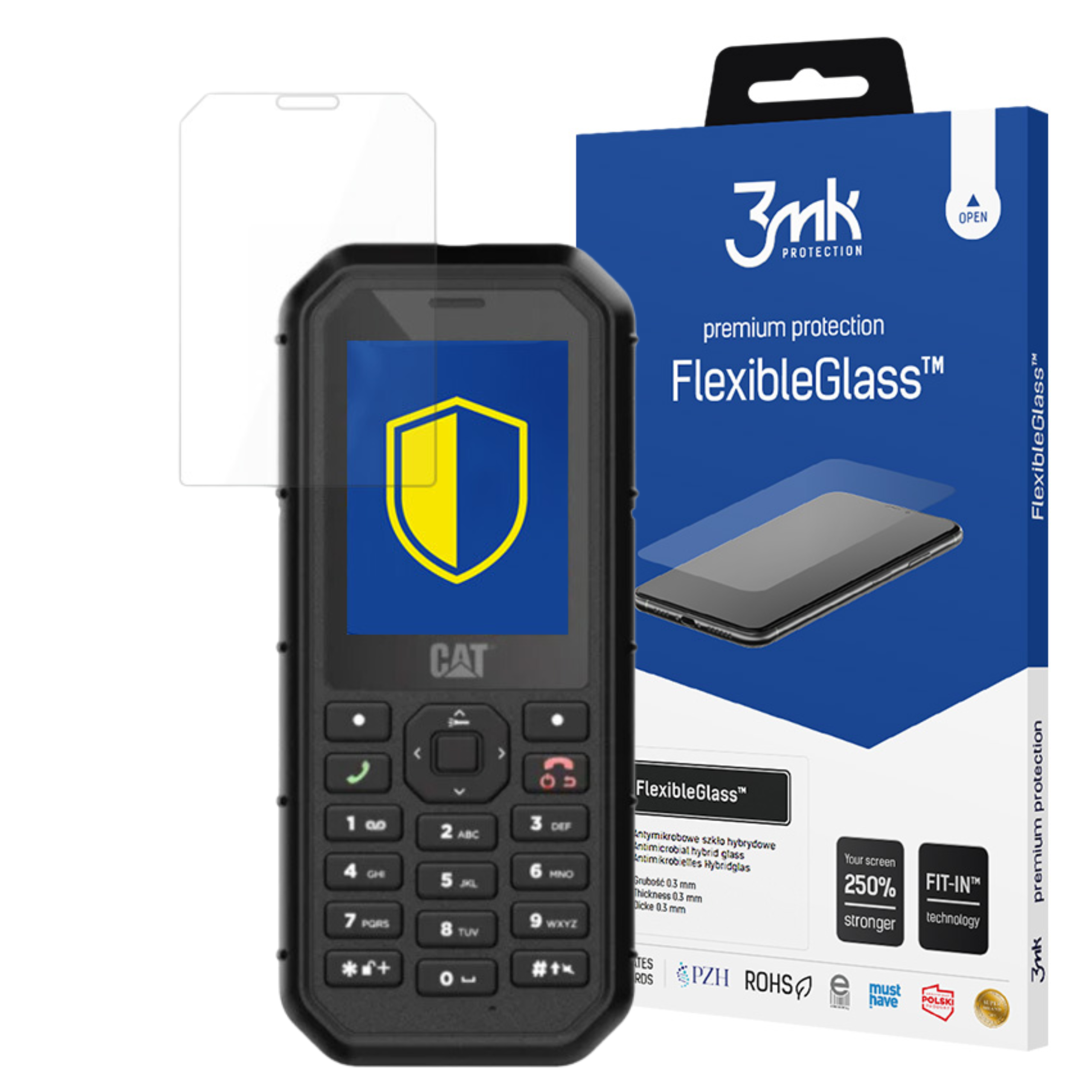 Un telefono CAT, una protezione schermo e una scatola FlexibleGlass. Il telefono è nero con logo scudo giallo.