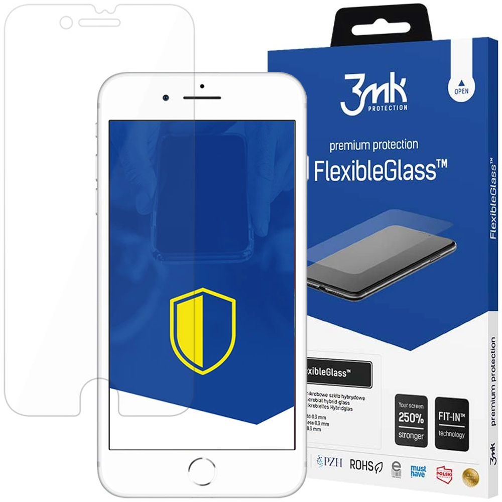Un telefono con protezione schermo, una scatola con la scritta FlexibleGlass e una protezione schermo trasparente sono mostrati.