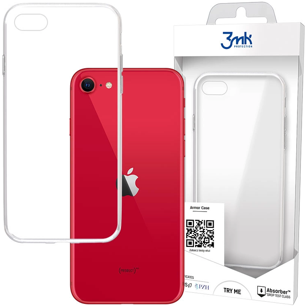 Czerwony iPhone z przezroczystym etui obok pudełka. Etui jest również wewnątrz pudełka.