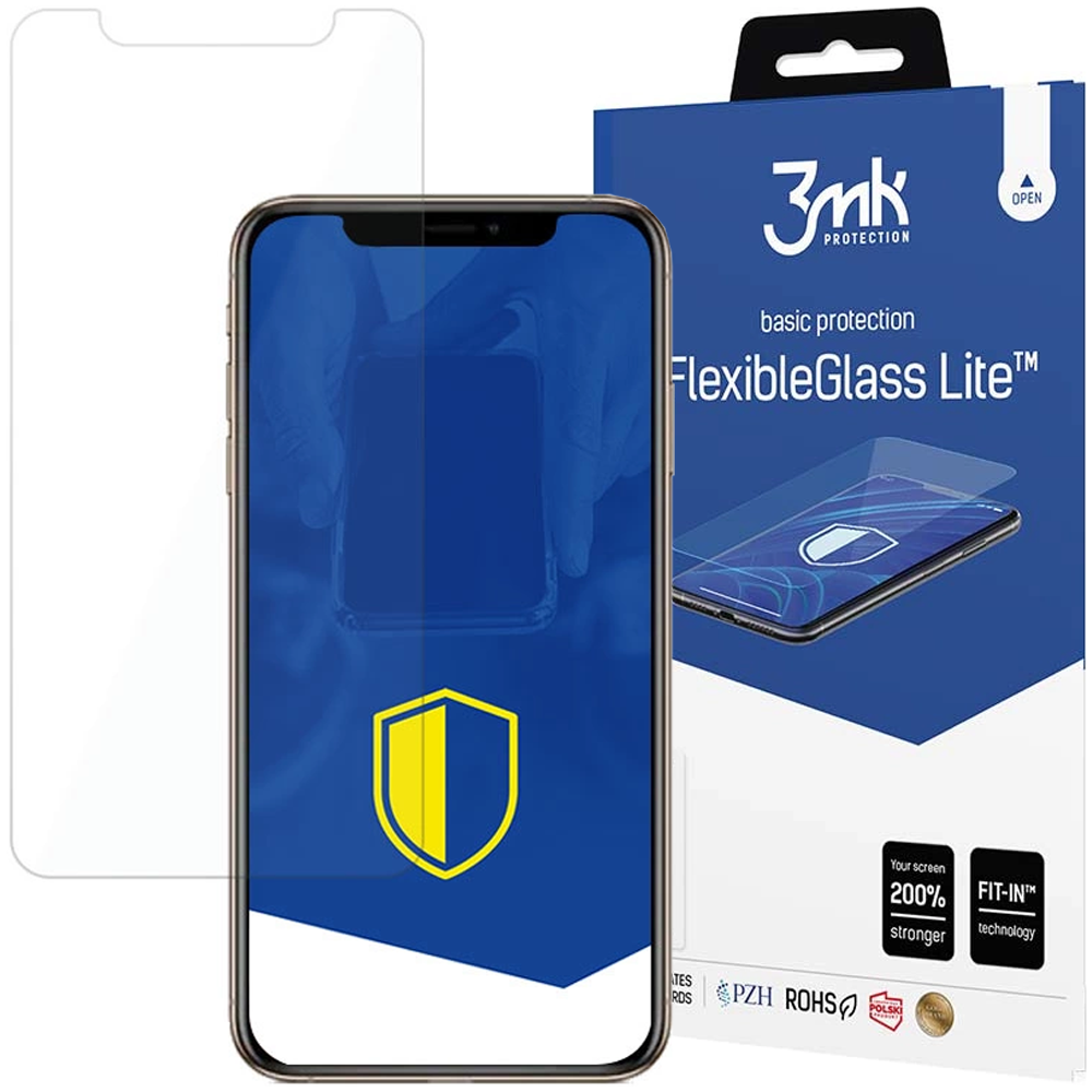 Un telefono con protezione schermo, una scatola con il marchio '3mk' e una protezione schermo trasparente.