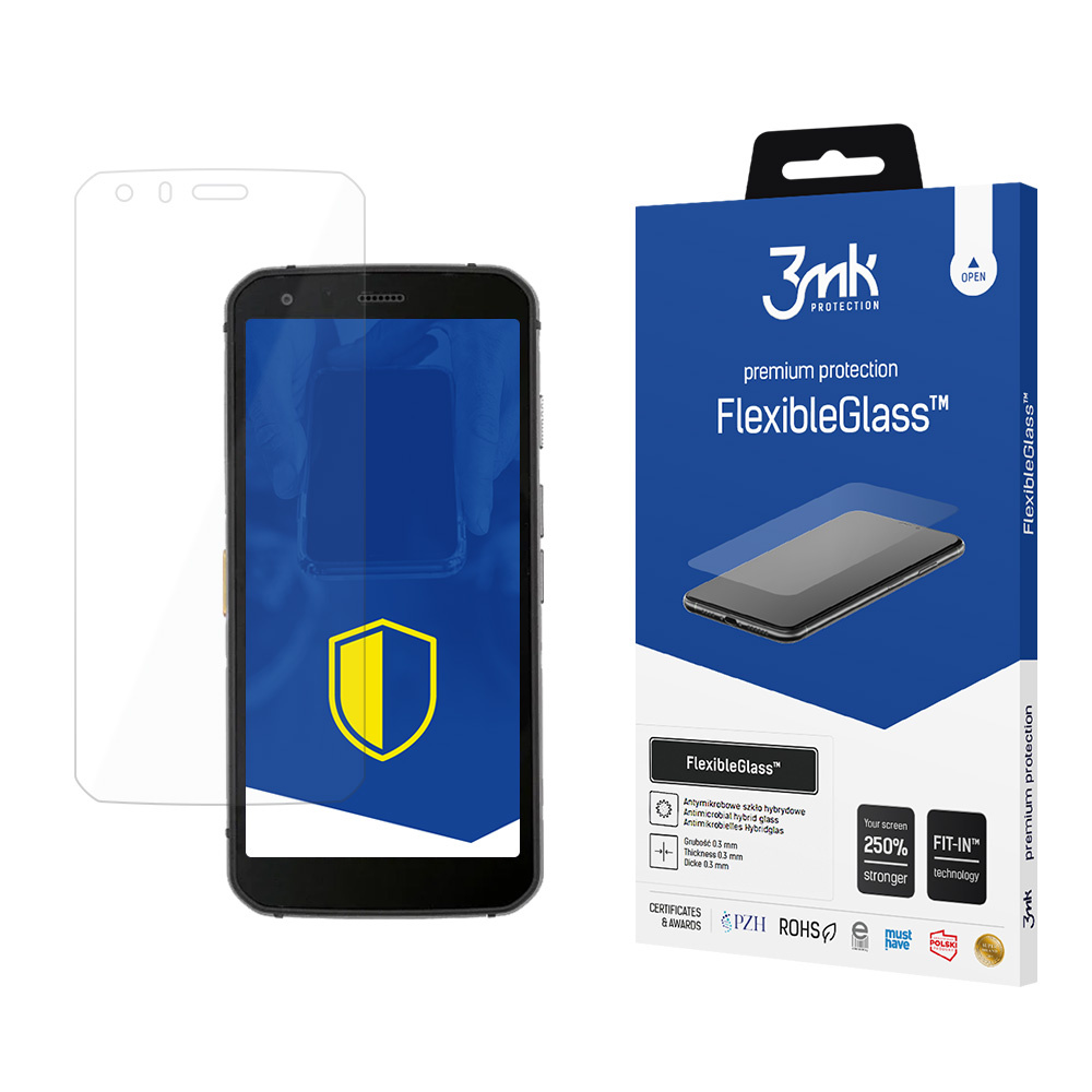 Un telefono con una protezione per lo schermo e una scatola di protezione per lo schermo. La scatola ha il marchio 3mk e FlexibleGlass.