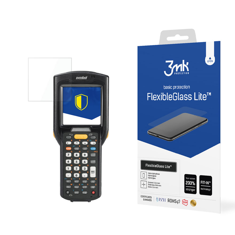 Uno scanner portatile e una scatola di protezione per lo schermo del telefono sono su sfondo bianco. La scatola dice 'FlexibleGlass Lite'.