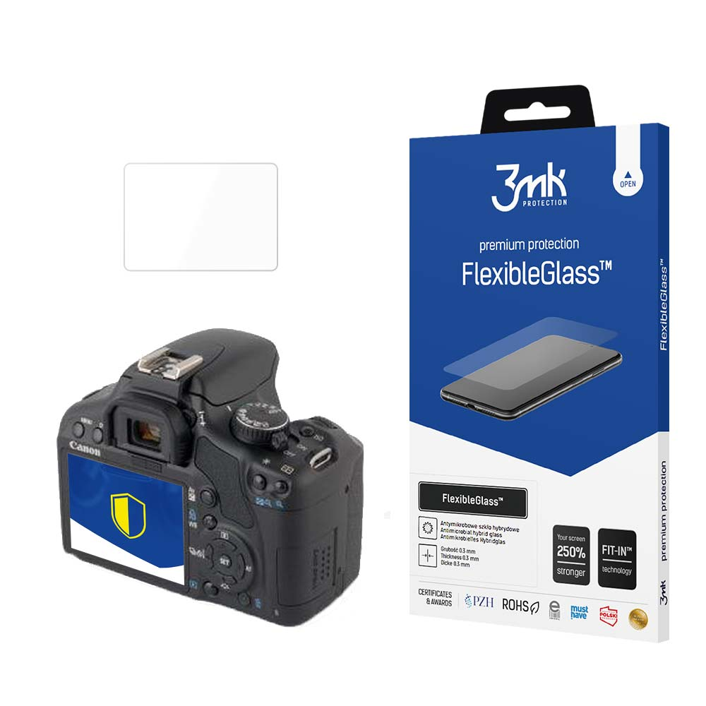Una fotocamera Canon accanto a una scatola blu e bianca. La scatola pubblicizza la protezione dello schermo FlexibleGlass per telefoni.