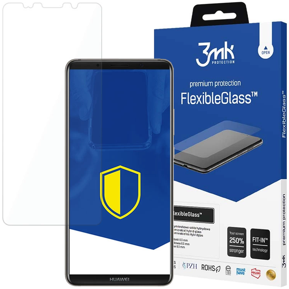 Un telefono con protezione schermo, una scatola con marchio FlexibleGlass e una protezione schermo trasparente.