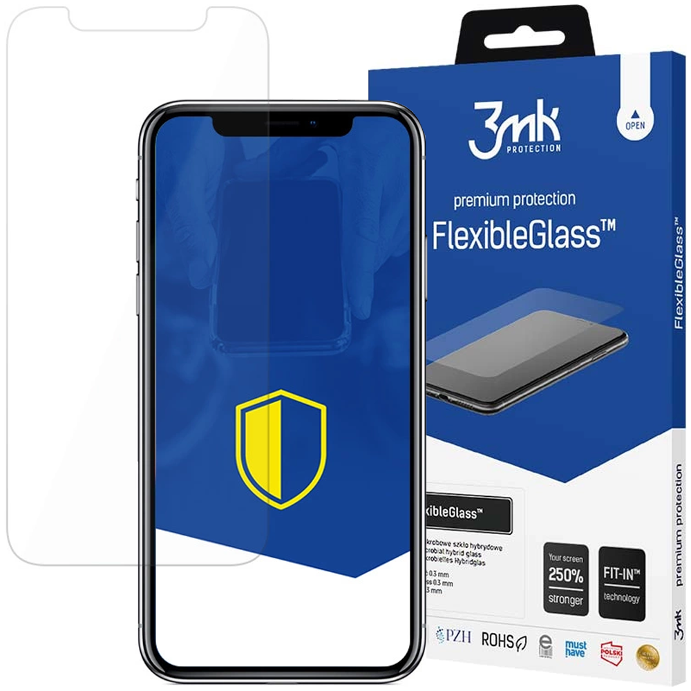 Un telefono con protezione schermo, una scatola con marchio FlexibleGlass e un logo a scudo su sfondo blu.
