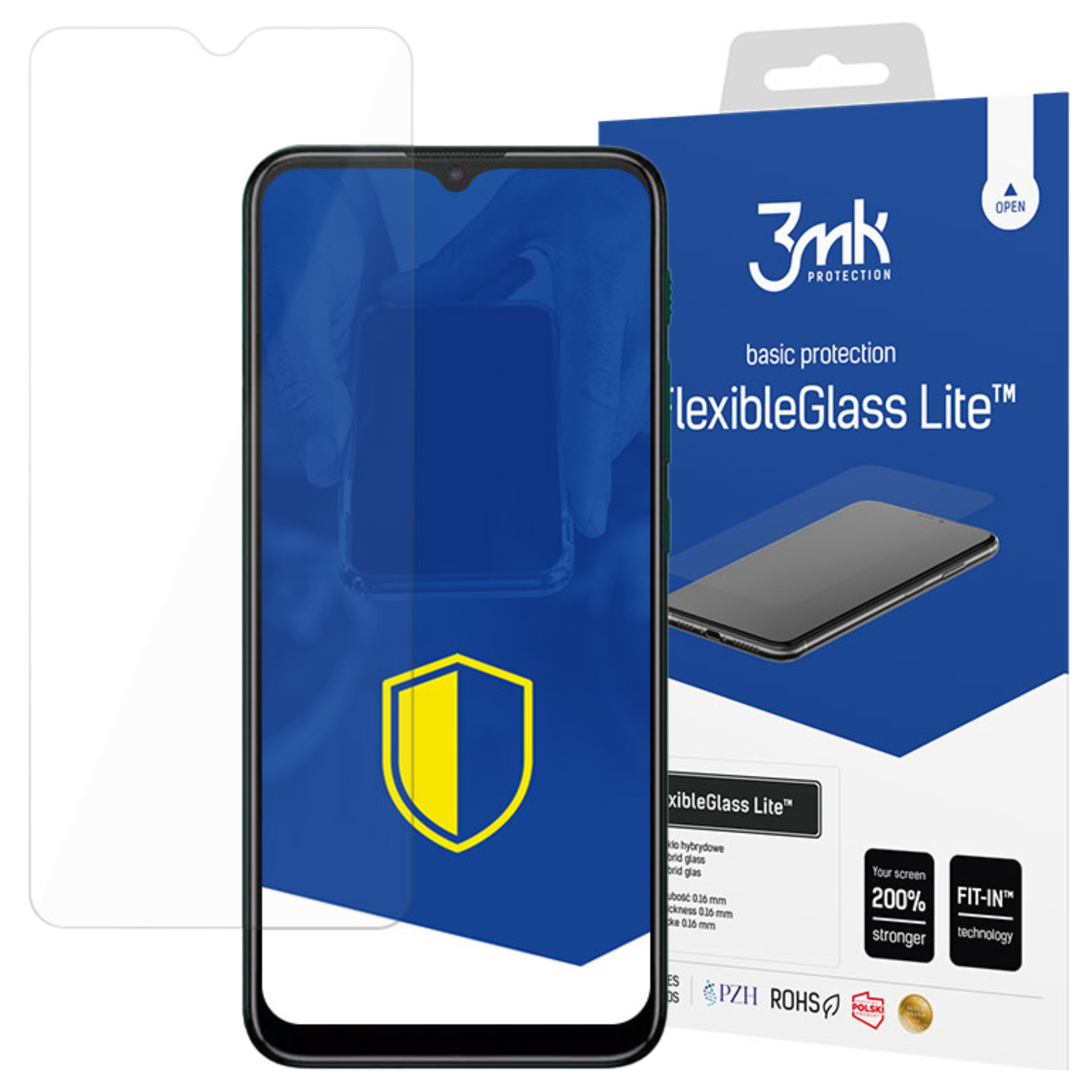 Un telefono con protezione schermo, una scatola con testo 'FlexibleGlass Lite' e una protezione schermo trasparente.
