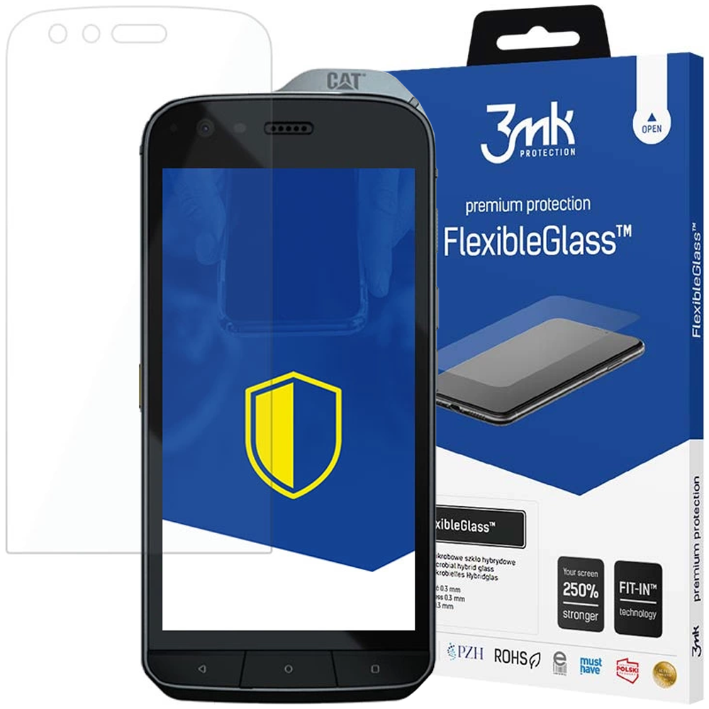 Un telefono con protezione schermo, una scatola di FlexibleGlass e un foglio protettivo, tutto su sfondo bianco.