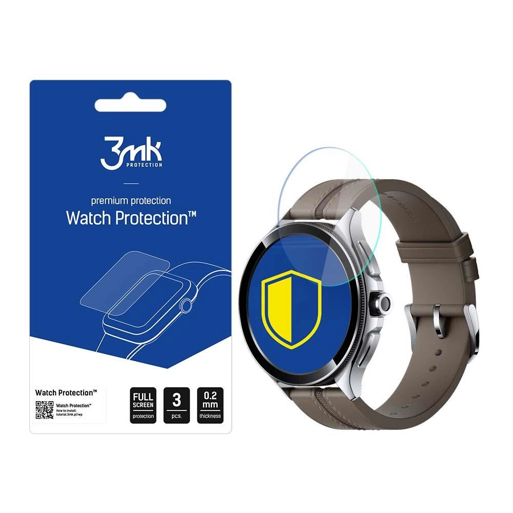 Un reloj inteligente con protector de pantalla sobre fondo azul. El paquete protector está en el fondo, mostrando un reloj.
