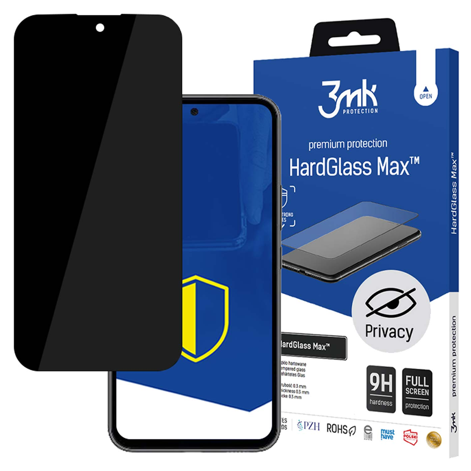 Un proteggi schermo e un telefono. La scatola è blu, la protezione è nera. La scatola dice 'HardGlass Max'.