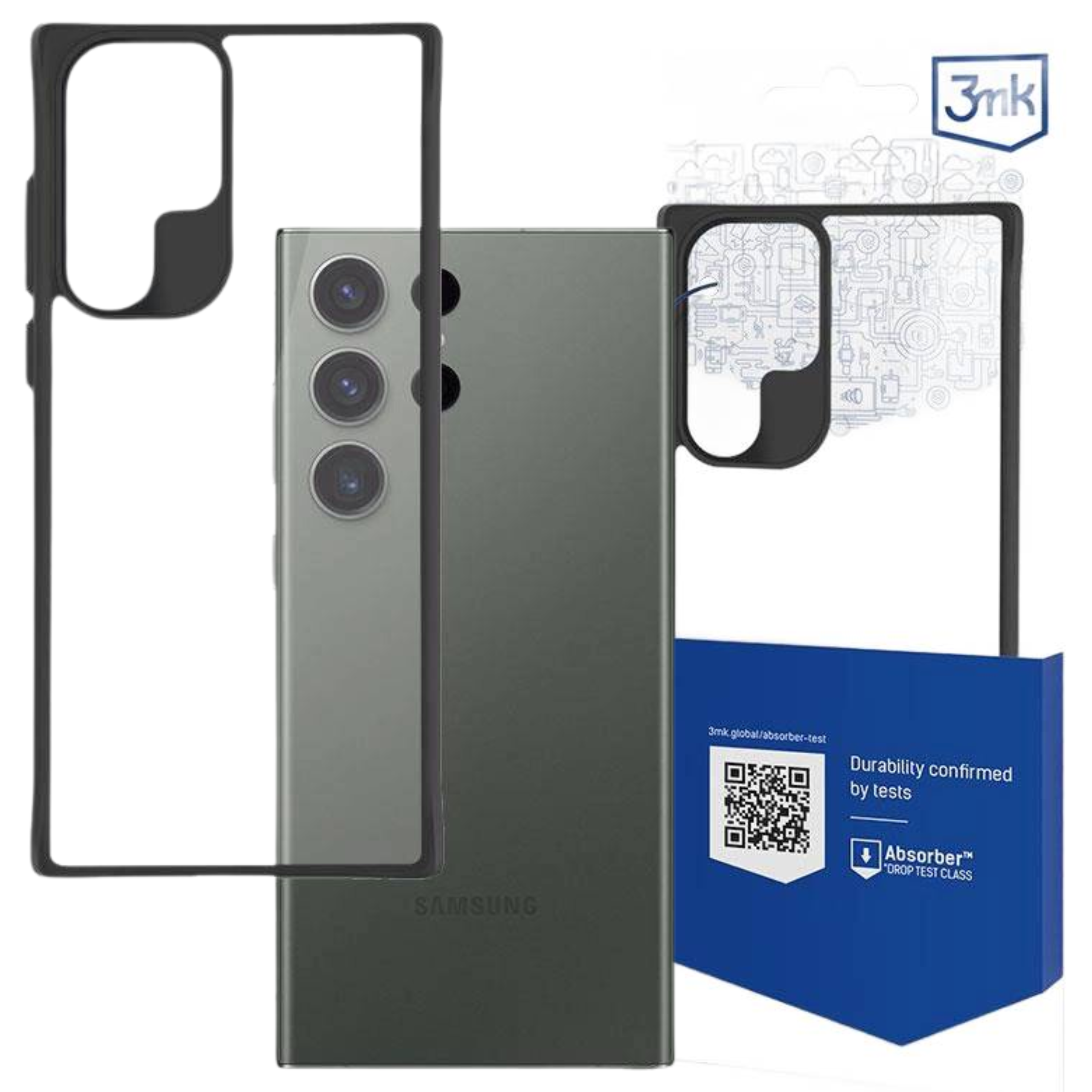 Un telefono e una custodia sono esposti. Il telefono è grigio e la custodia è nera e trasparente. È presente anche una scatola blu.