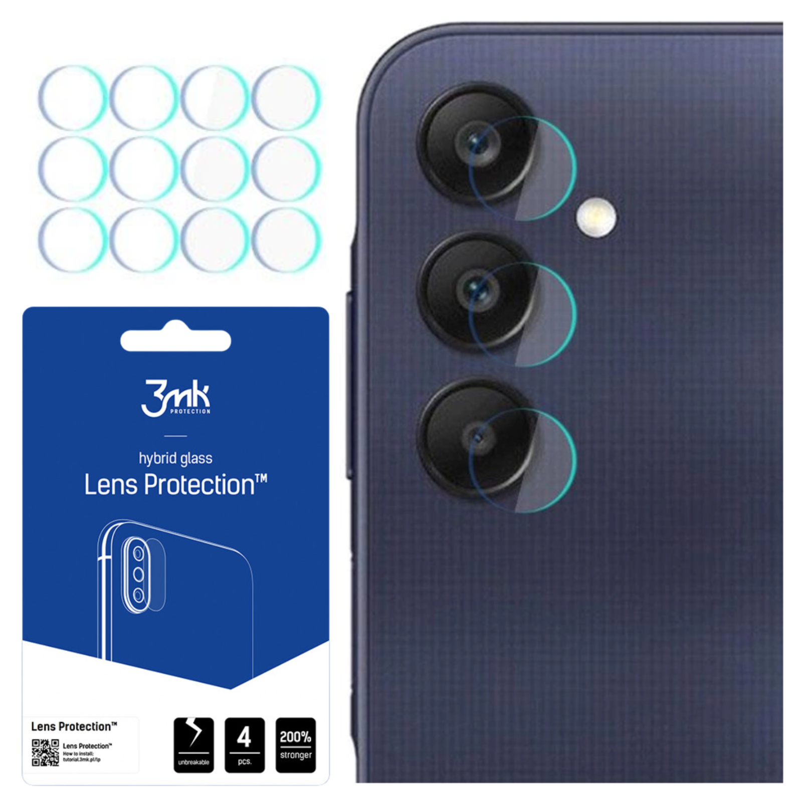 L'immagine mostra protezioni per lenti, un telefono con obiettivi della fotocamera e un packaging del prodotto. La confezione presenta testo e icone.