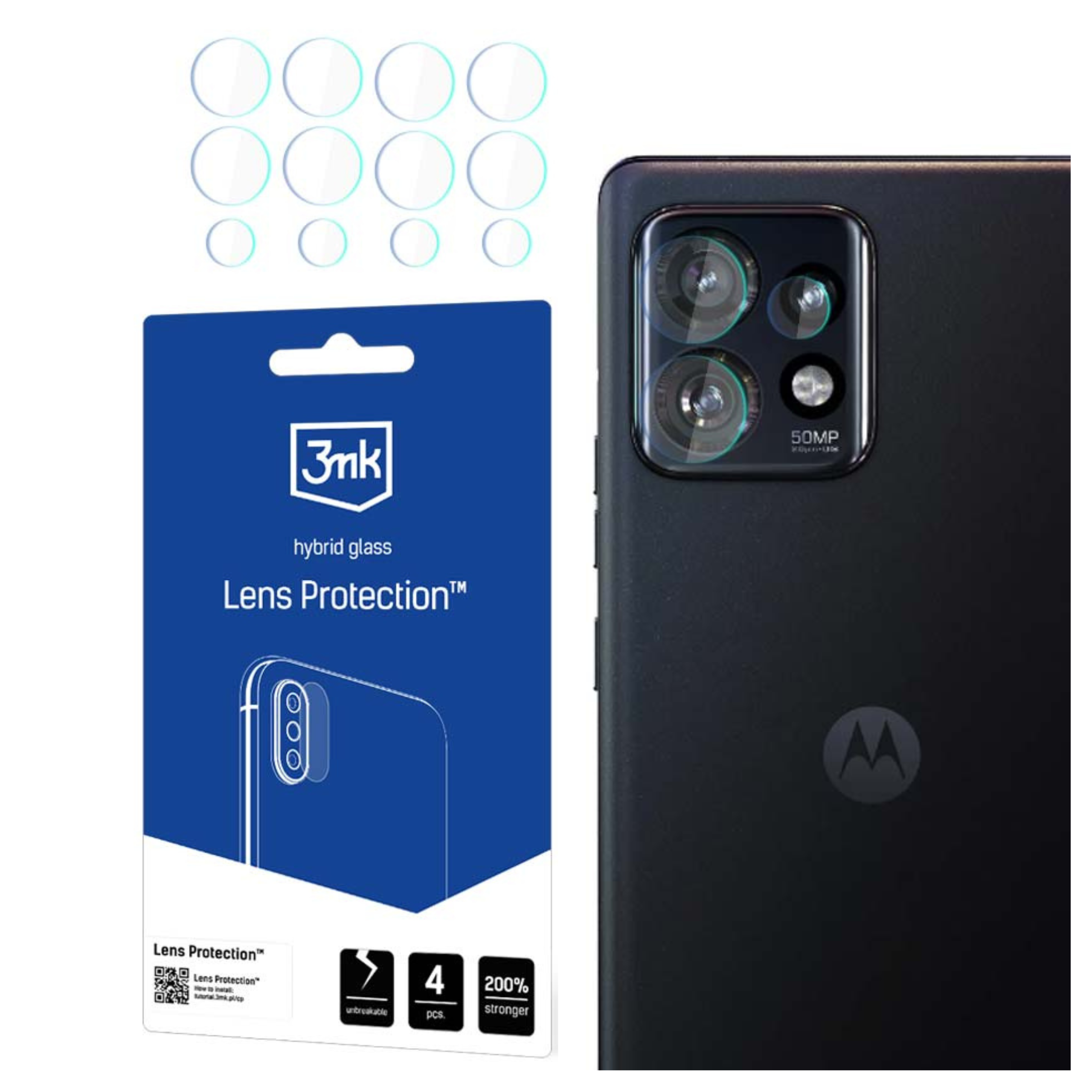 L'immagine mostra protezioni per lenti del telefono, un telefono e una confezione. Il telefono ha tre obiettivi. La confezione è blu.