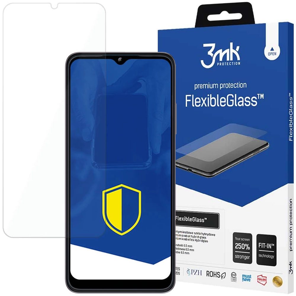 Uno smartphone con una protezione per lo schermo e la sua confezione. La confezione dice 'FlexibleGlass' e '3mk Protection'.