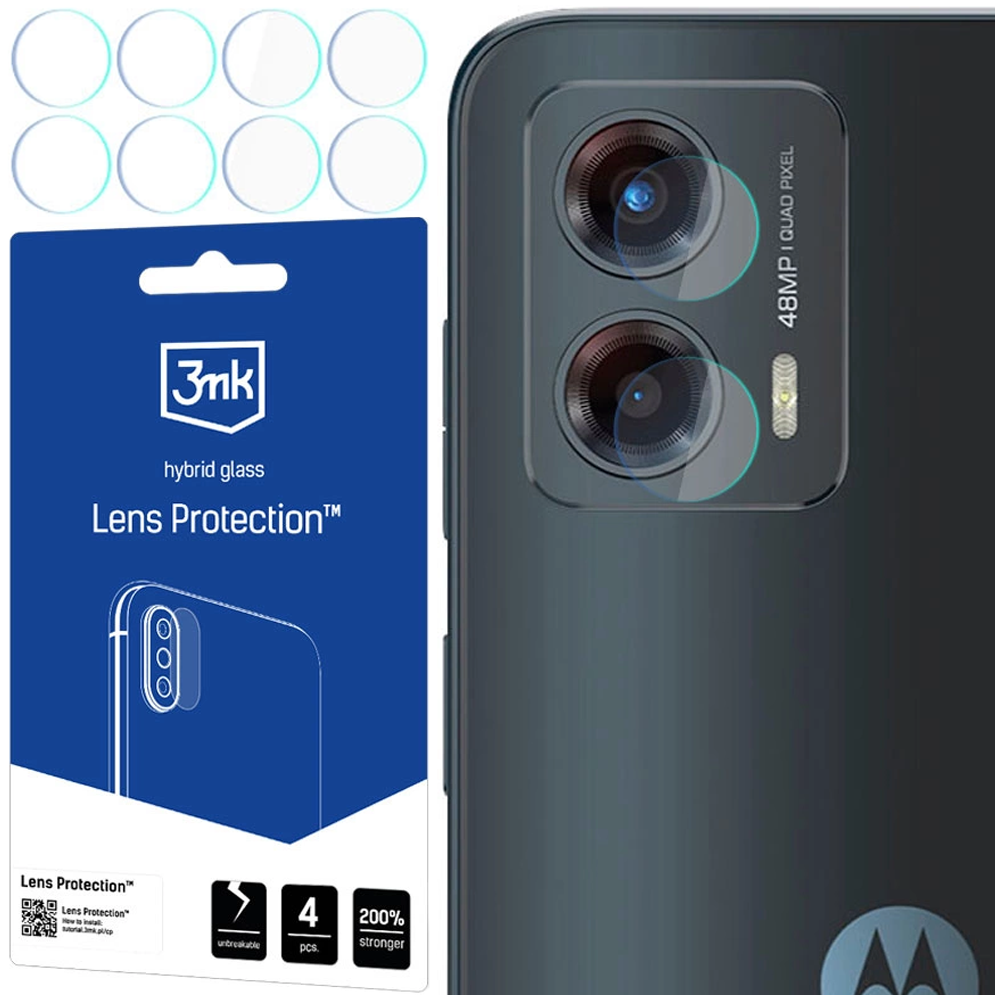 Un telefono con protezioni per lenti. A sinistra c'è una confezione blu con protezione per lenti. Il telefono ha due lenti della fotocamera.