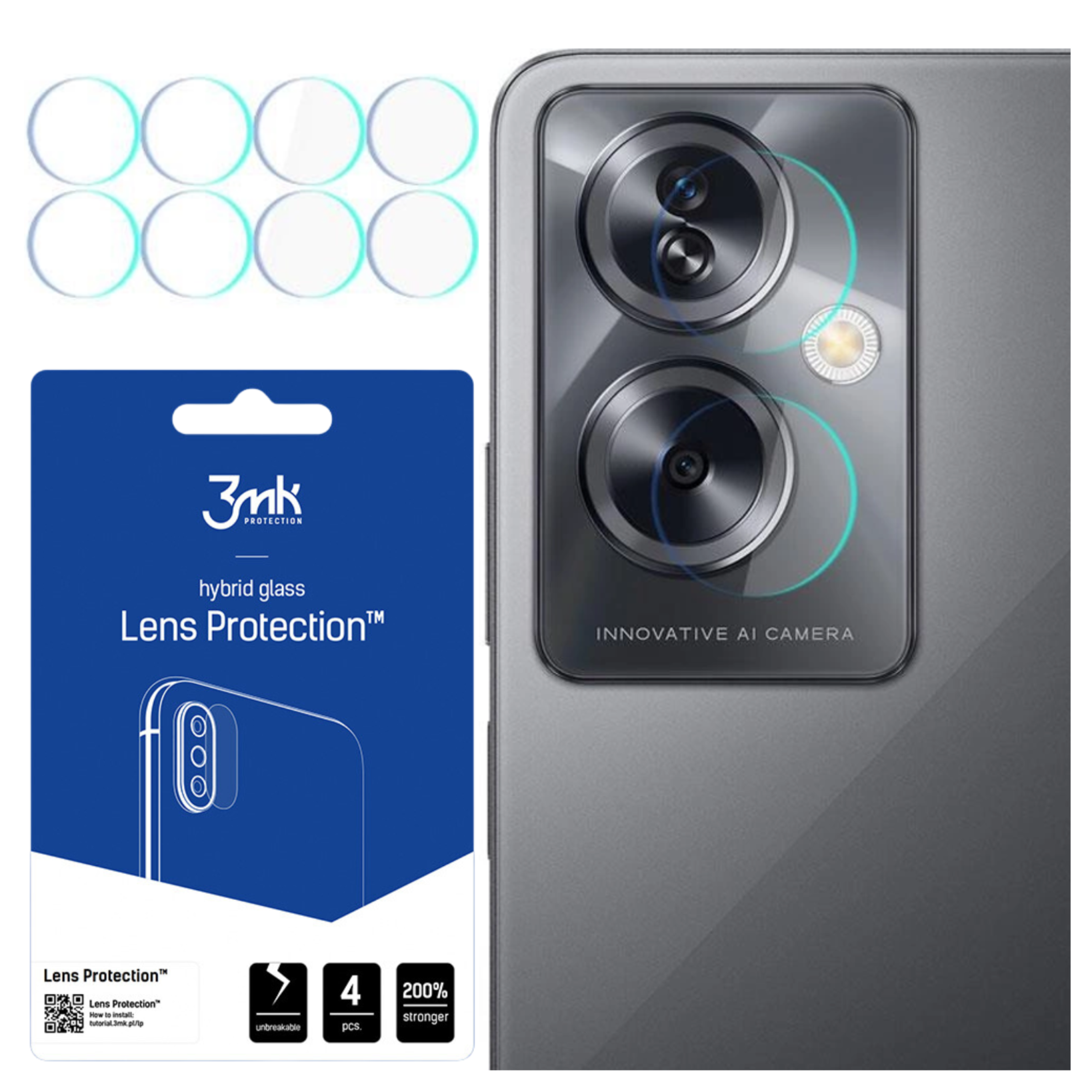 L'immagine mostra un kit di protezione dell'obiettivo della fotocamera del telefono e un telefono. Il kit contiene protezioni per l'obiettivo. Il telefono ha due fotocamere.