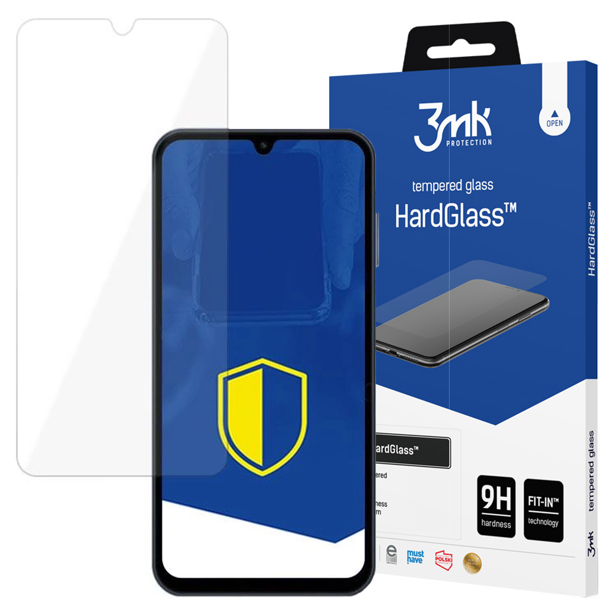 Un proteggi schermo, smartphone e scatola. La scatola dice HardGlass. Il telefono è blu e il proteggi schermo è trasparente.