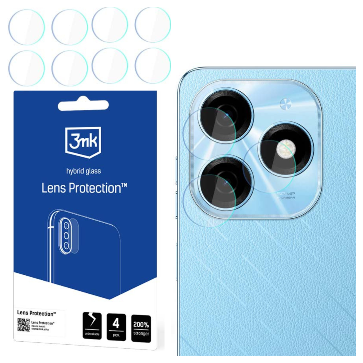 Un teléfono con protectores de lente de cámara. El paquete muestra la protección de la lente. Varios protectores son visibles. También son visibles las lentes de la cámara del teléfono.
