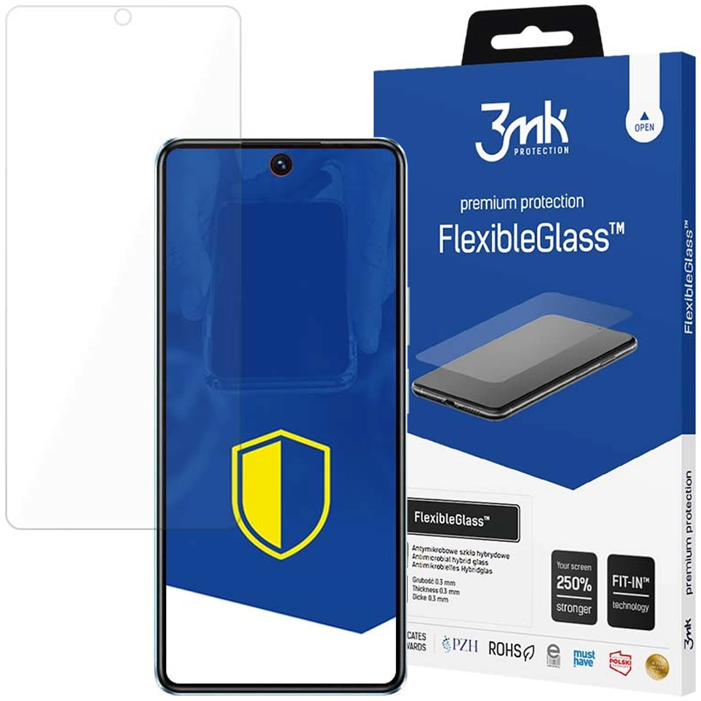 Un telefono con protezione schermo, una scatola con il nome FlexibleGlass e un foglio protettivo.