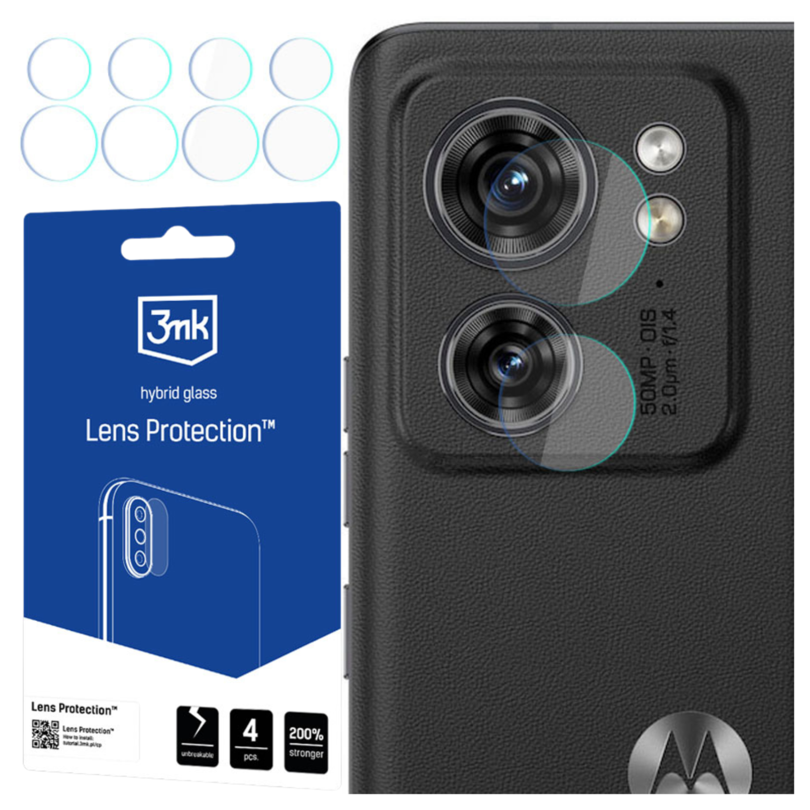 L'immagine mostra una custodia per telefono con protezioni per lenti, un kit di protezione e le lenti della fotocamera di un telefono. Lo sfondo è grigio.