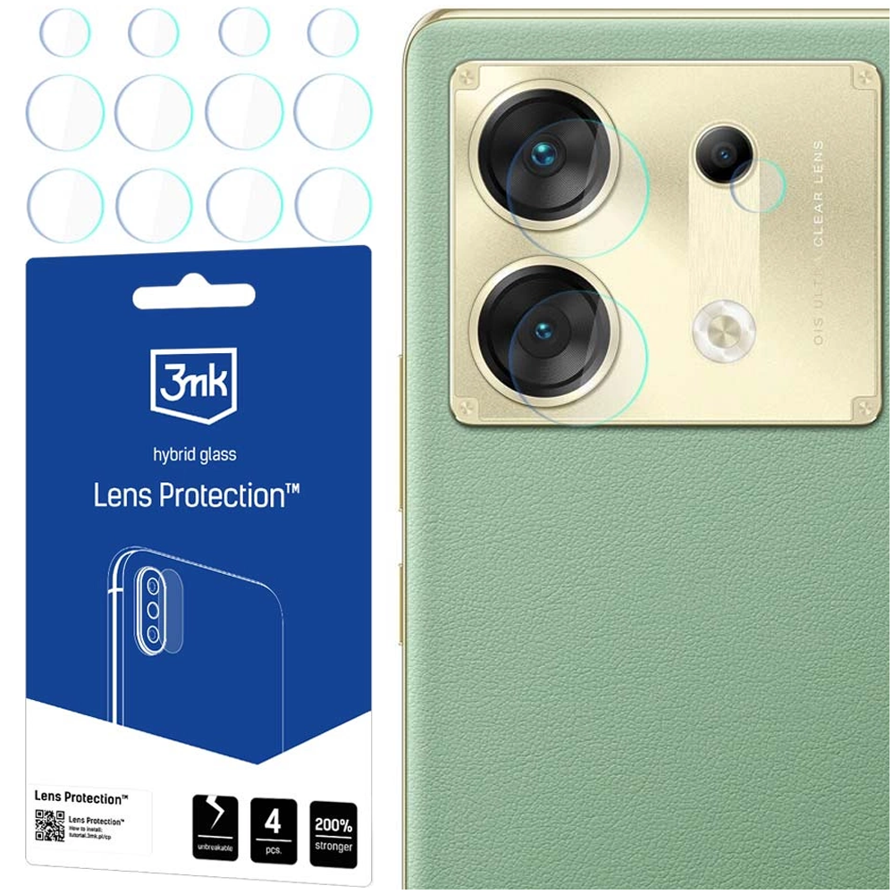 Un telefono e protezioni per lenti. Il telefono è verde e ha fotocamere. Le protezioni per lenti sono trasparenti e in una confezione blu.