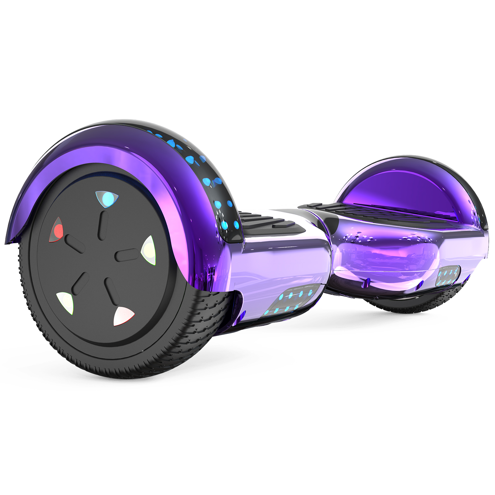 Ein lila Hoverboard mit schwarzen Rädern. Es hat Lichter an der Seite und eine schwarze Plattform. Der Hintergrund ist weiß.