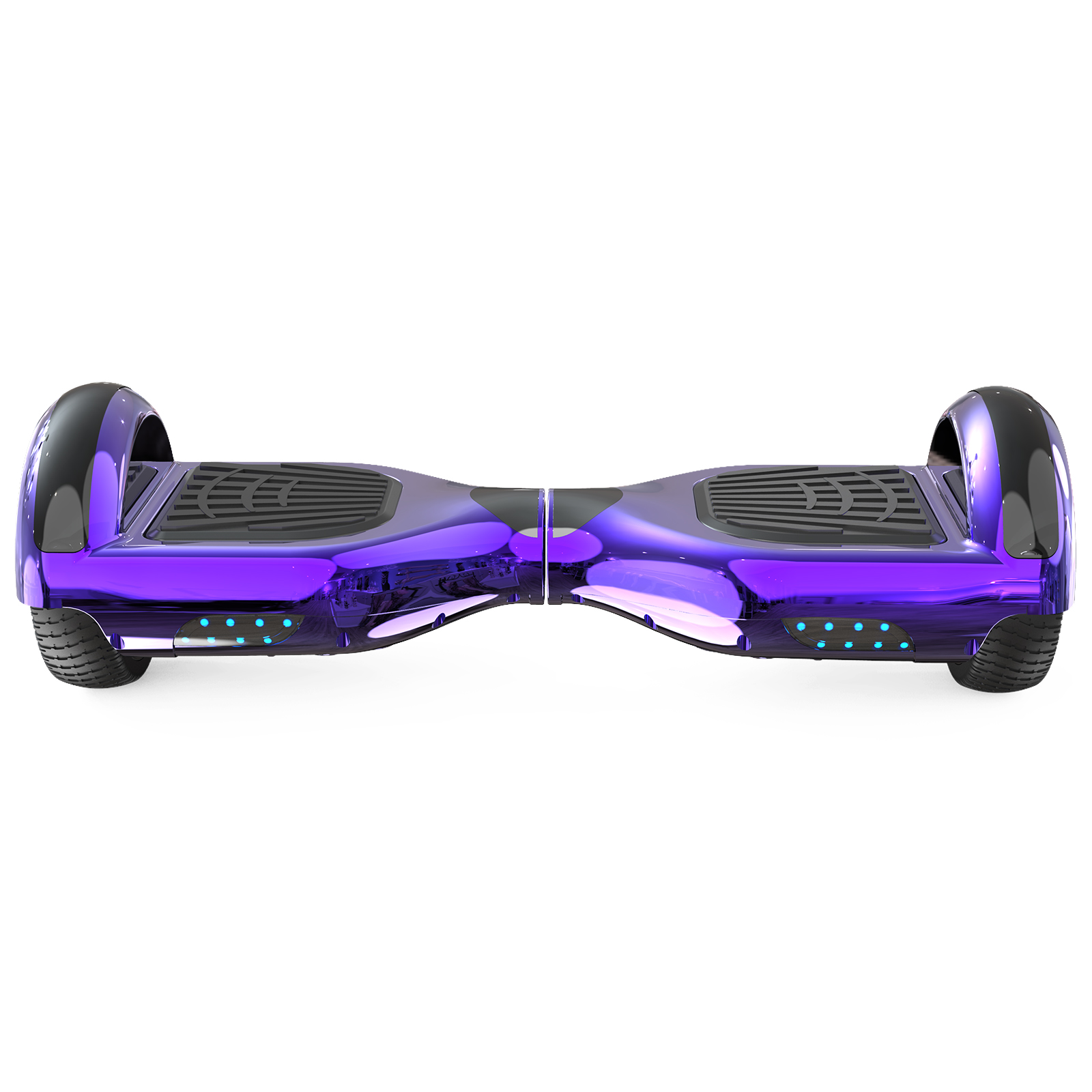 Ein lilafarbenes Hoverboard steht vor weißem Hintergrund. Es hat schwarze Akzente und blaue Lichter.