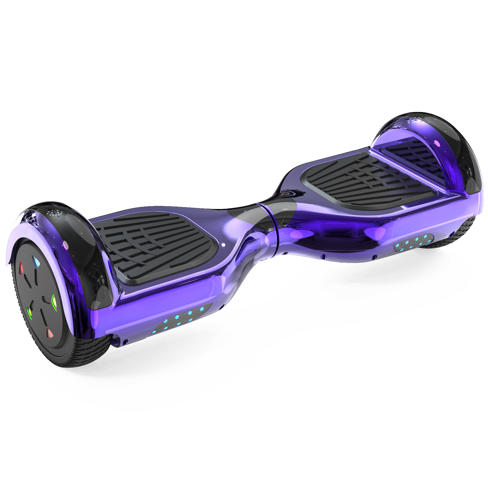 Ein lila Hoverboard auf weißem Hintergrund. Es hat ein schwarzes Fußpolster und Räder mit bunten Lichtern.