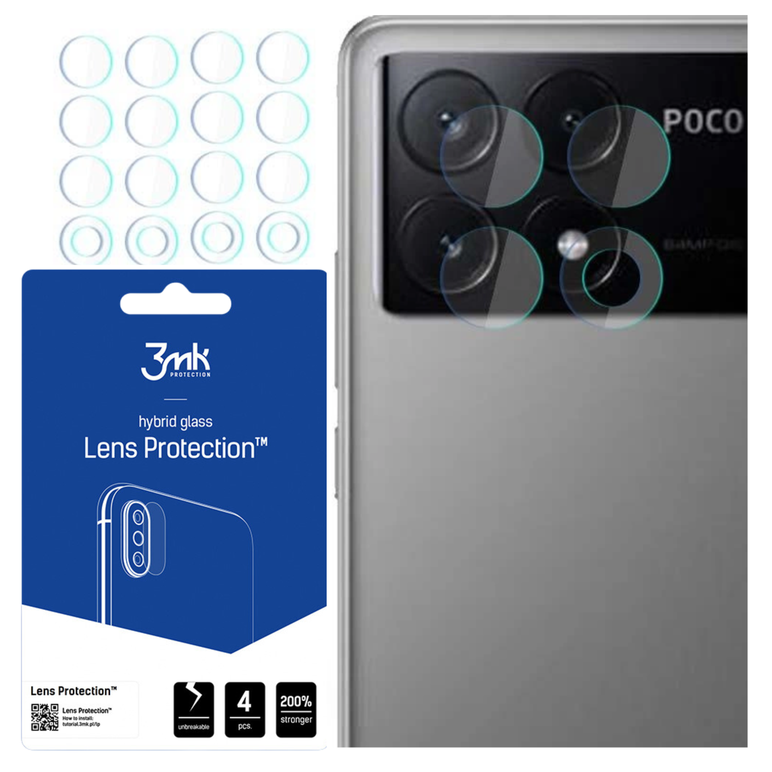 Obraz przedstawia telefon z osłonami obiektywu. Opakowanie z informacjami o produkcie znajduje się po lewej stronie.