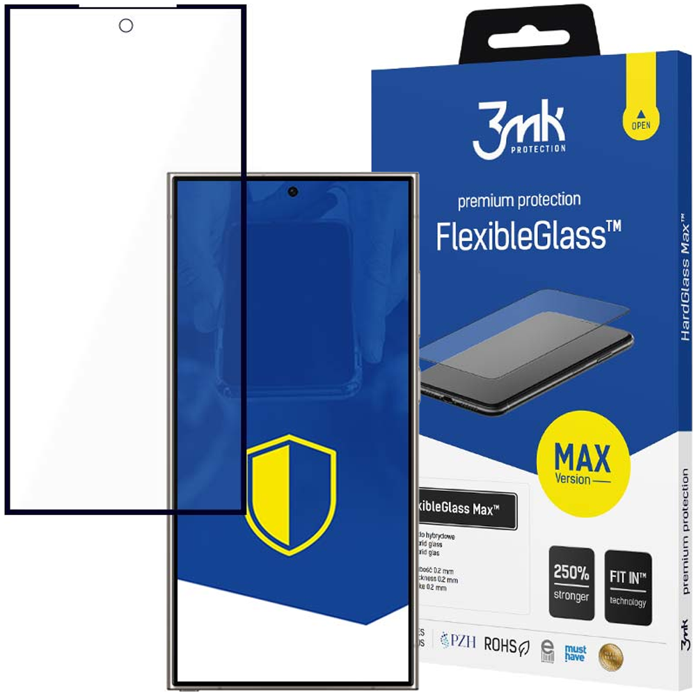 Un proteggi schermo e un telefono sono mostrati con una scatola blu con la scritta FlexibleGlass e uno scudo giallo.