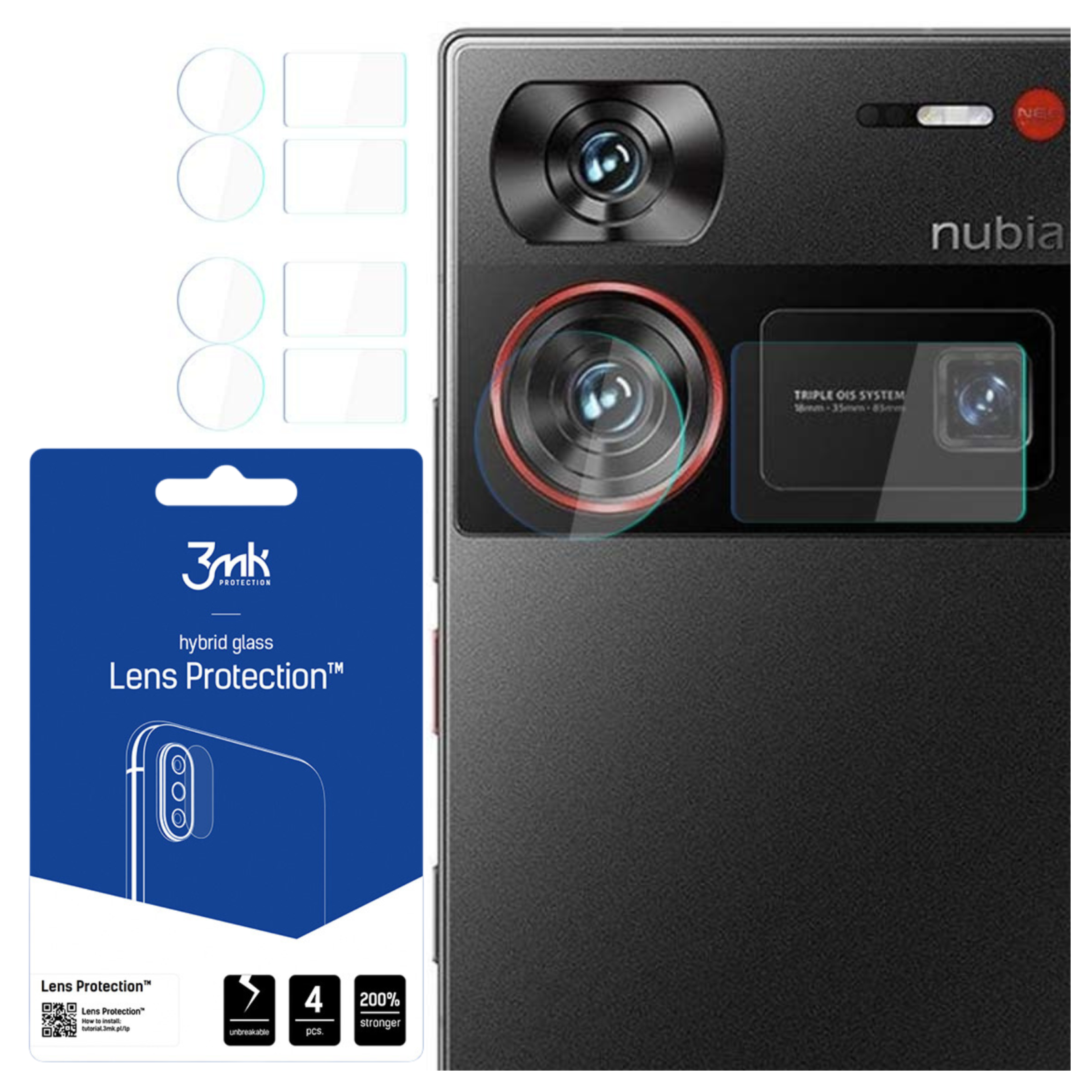 Widoczny jest telefon i ochrona ekranu. Ochrona jest przeznaczona do obiektywów aparatu. Po lewej stronie znajduje się niebieski pakiet.