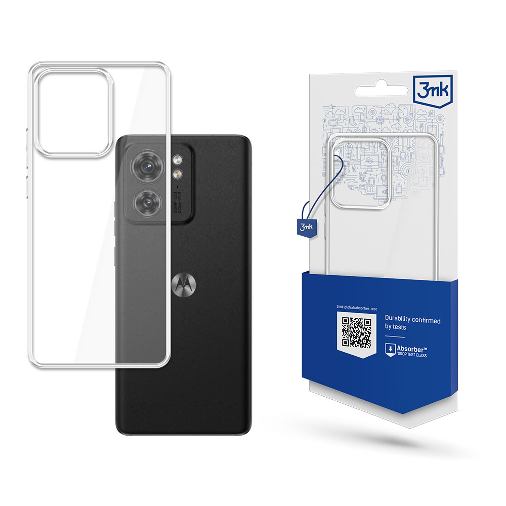 Telefon i przezroczyste etui na telefon. Opakowanie po prawej stronie również pokazuje etui. Opakowanie ma kod QR.